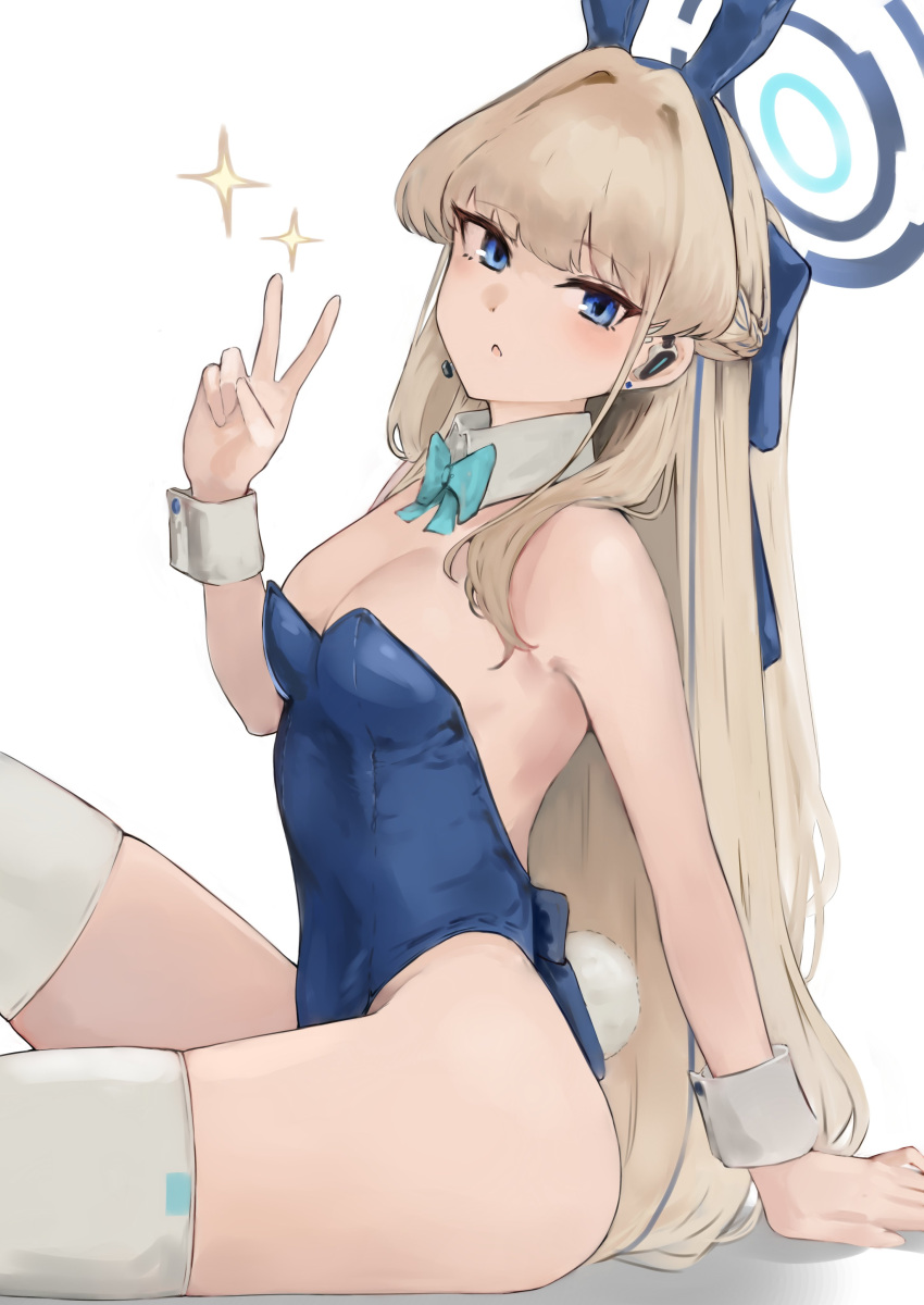 1girl :o absurdres animal_ears bare_shoulders blonde_hair blue_archive blue_eyes blue_leotard bow bowtie breasts cleavage detached_collar earpiece fake_animal_ears halo highleg highleg_leotard highres lamp_p9 leotard long_hair looking_at_viewer medium_breasts official_alternate_costume playboy_bunny rabbit_ears sitting solo strapless strapless_leotard thighhighs toki_(blue_archive) toki_(bunny)_(blue_archive) v white_thighhighs wrist_cuffs