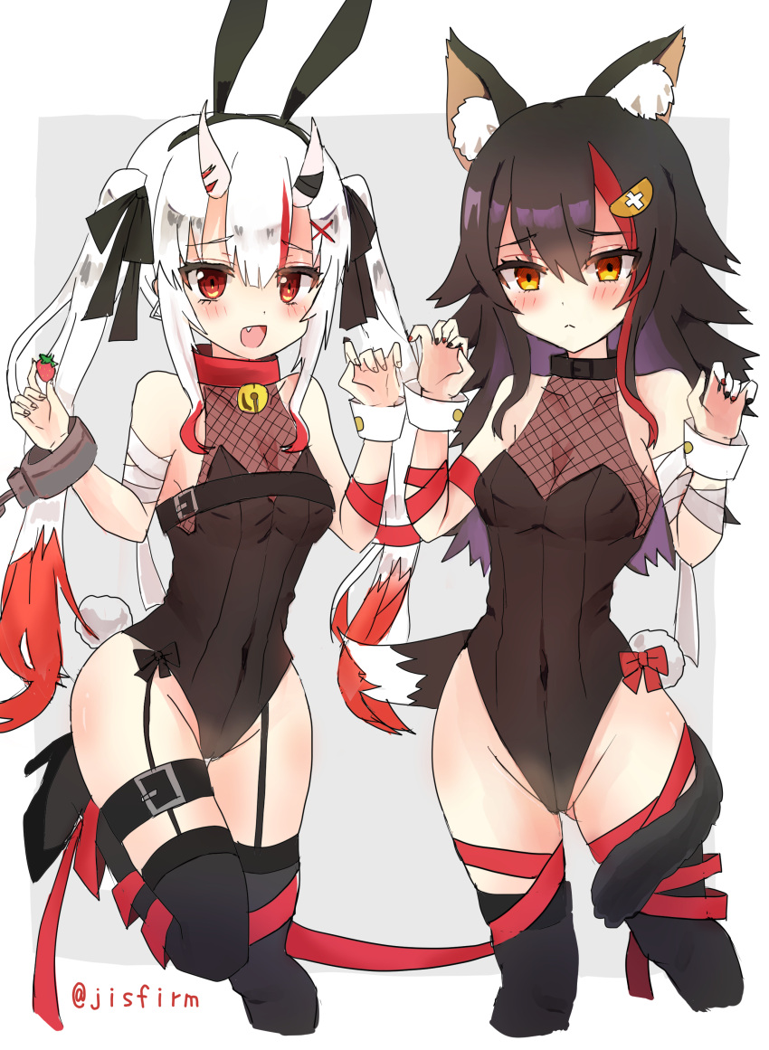 2girls absurdres animal_ear_fluff animal_ears bell black_collar black_footwear black_garter_straps black_hair black_leotard black_nails black_ribbon black_thighhighs blush breasts collar fake_animal_ears garter_straps grey_hair hair_ornament hair_ribbon hairpin high_heels highres hololive jingle_bell leotard looking_at_viewer mazeru_(jisjifin) medium_breasts multicolored_hair multiple_girls nail_polish nakiri_ayame neck_bell ookami_mio playboy_bunny red_hair ribbon streaked_hair tail tail_around_own_leg thighhighs twintails virtual_youtuber white_wrist_cuffs wolf_ears wolf_girl wolf_tail x_hair_ornament