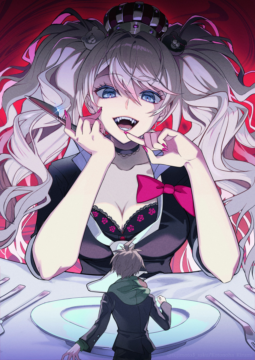 1boy 1girl :d absurdres bear_hair_ornament black_bra black_jacket black_shirt blonde_hair bow bra breasts cleavage crown danganronpa:_trigger_happy_havoc danganronpa_(series) enoshima_junko fork green_hoodie hair_ornament highres hood hood_down hoodie jacket knife kusatakesi large_breasts long_hair looking_at_another mini_person miniboy naegi_makoto nail_polish plate red_background red_bow red_nails shirt smile table twintails underwear upper_body