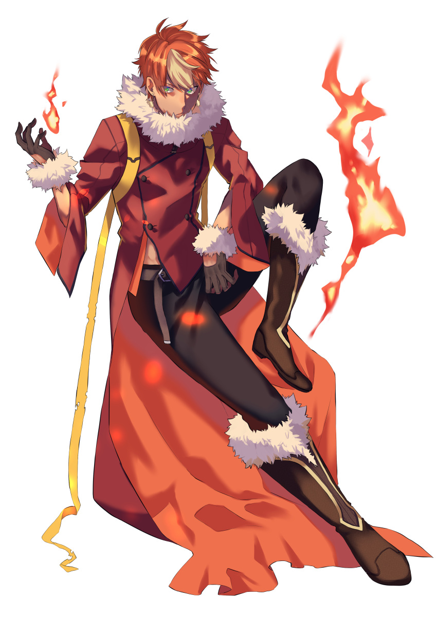 1boy absurdres aqua_eyes belt black_gloves black_pants boots ebippoid fire flareon full_body fur-trimmed_boots fur-trimmed_jacket fur_trim gloves highres jacket knee_boots knee_up looking_at_viewer pants personification pokemon red_hair red_jacket ribbon sitting solo yellow_ribbon