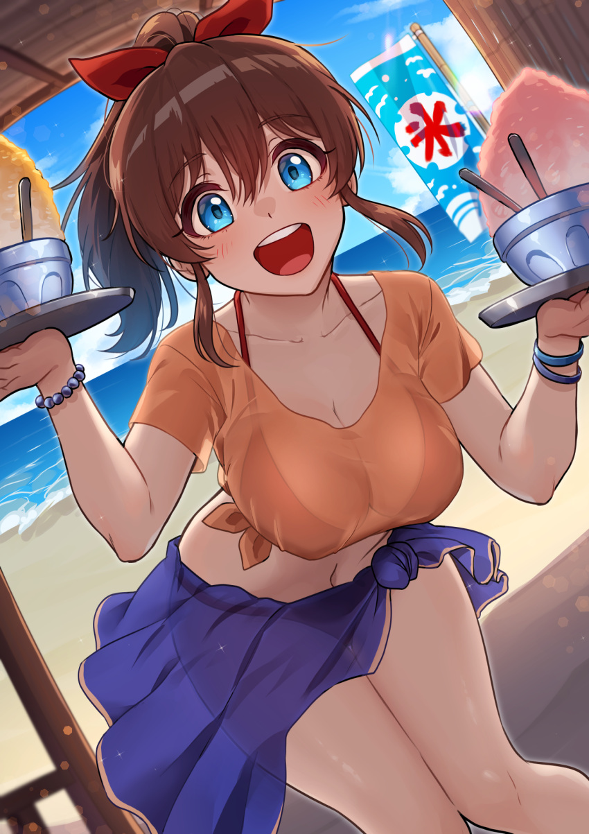 1girl beach bead_bracelet beads bikini bikini_under_clothes blue_eyes blue_sarong blue_sky blush bow bracelet breasts brown_hair collarbone commentary_request day dutch_angle hair_bow hair_ribbon halterneck highres holding holding_tray horizon idolmaster idolmaster_million_live! idolmaster_million_live!_theater_days jewelry kamille_(vcx68) leaning_forward looking_at_viewer medium_breasts medium_hair ocean open_mouth orange_shirt ponytail red_bikini red_ribbon revision ribbon sarong satake_minako shirt sky smile solo standing string_bikini swimsuit tied_shirt tray waitress