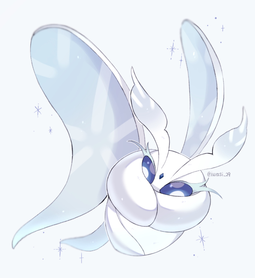 animal_focus artist_name blue_eyes bright_pupils bug colored_skin commentary_request forehead_jewel frosmoth highres iwasi_29 moth no_humans pokemon pokemon_(creature) simple_background sparkle twitter_username white_background white_skin wings
