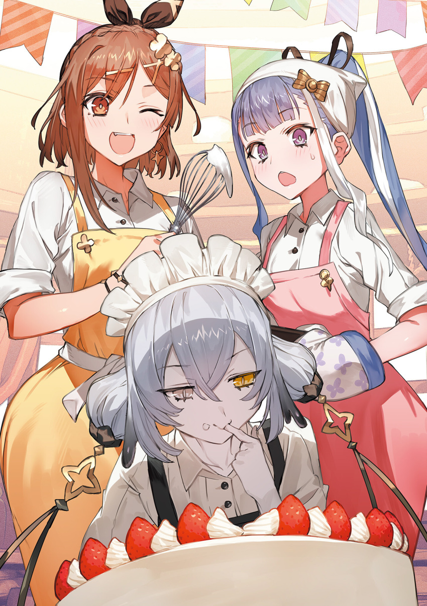 3girls atelier_(series) atelier_ryza atelier_ryza_3 brown_eyes brown_hair cake cream food fruit hair_ornament hairclip heterochromia highres holding indoors kala_ideas long_hair multiple_girls official_art pale_skin patricia_abelheim ponytail reisalin_stout smile strawberry toridamono