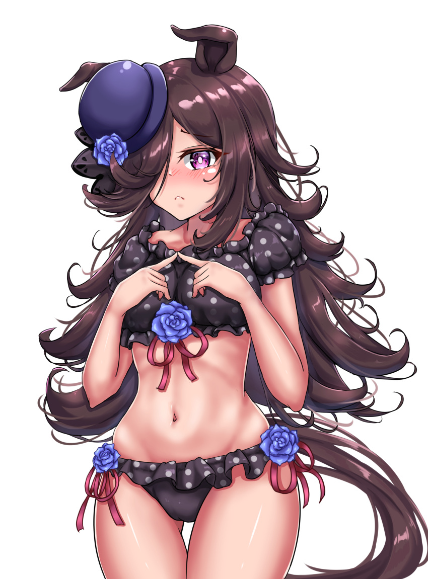 1girl absurdres animal_ears bikini black_bikini black_hair black_shirt blue_flower blue_rose blush commentary cowboy_shot cropped_shirt flower frilled_bikini frills frown hair_over_one_eye highres horse_ears horse_girl horse_tail index_fingers_together long_hair looking_at_viewer navel polka_dot polka_dot_bikini purple_eyes rice_shower_(umamusume) rose shirt short_sleeves simple_background solo standing swimsuit tabunshake tail thigh_gap umamusume white_background