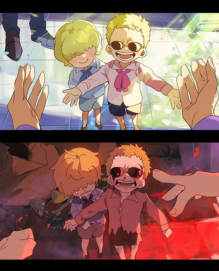 2boys aged_down blonde_hair blood blood_on_face blue_shirt blush bone brothers disembodied_limb donquixote_doflamingo donquixote_rocinante happy highres light_rays multiple_boys one_piece open_mouth outstretched_arms pink_shirt pov scared shirt short_hair siblings smile sunglasses teeth tongue torn_clothes ususmomo