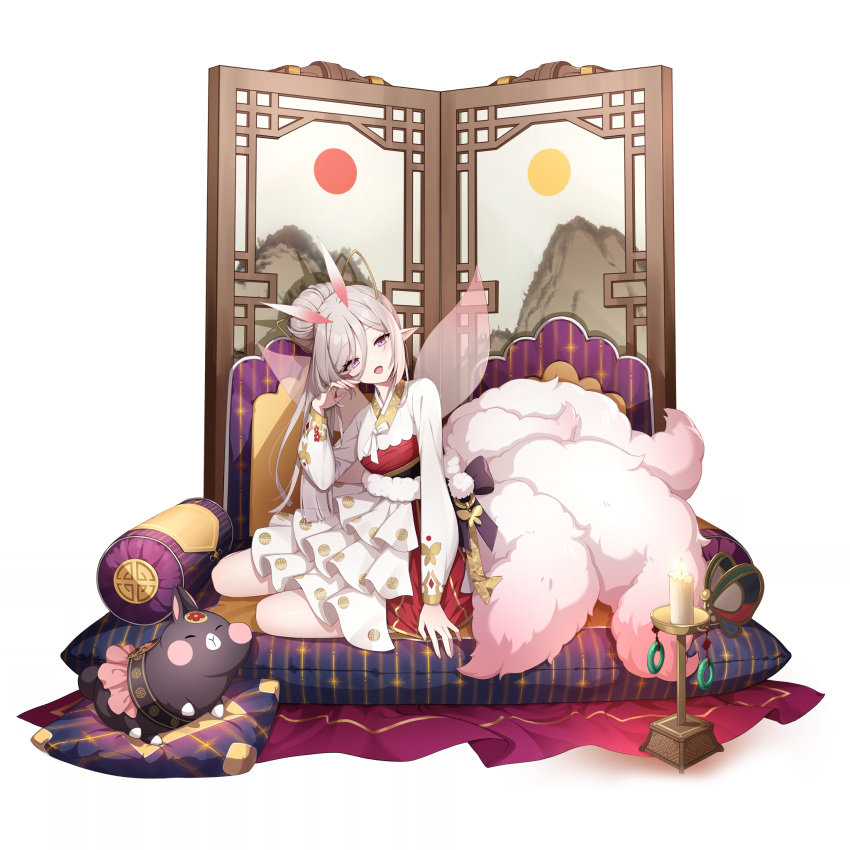 1girl :d animal asymmetrical_bangs candle couch dress eversoul fairy_wings fake_tail frilled_skirt frills full_body game_cg hair_between_eyes hair_bun hanbok hand_in_own_hair highres korean_clothes long_sleeves looking_at_viewer naiah_(eversoul) non-web_source official_alternate_costume official_alternate_hairstyle official_art on_couch pointy_ears purple_eyes rabbit single_hair_bun sitting sitting_sideways skirt sleepy smile solo tachi-e tail thighs transparent_background wings