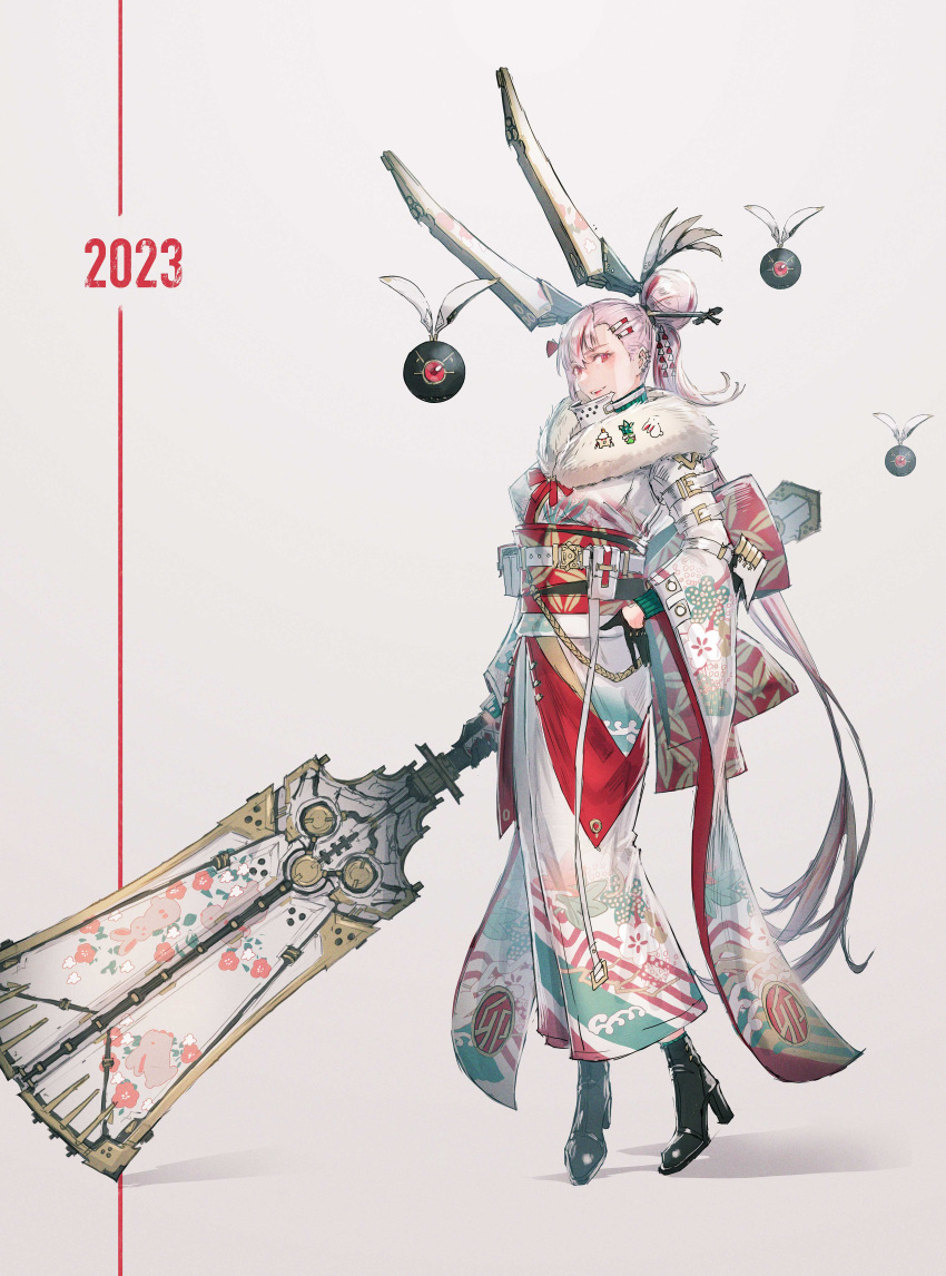 1girl 2023 absurdres animal_ears arm_strap black_gloves boots buckle chinese_zodiac detached_ears floral_print full_body fur-trimmed_kimono fur_trim glaive_(polearm) gloves grey_background hair_bun high_heel_boots high_heels highres holding holding_weapon japanese_clothes kimono multicolored_hair nengajou new_year non-humanoid_robot obi original pink_hair polearm ponytail pouch print_kimono rabbit_ears red_eyes red_hair ribbed_sweater robot robot_ears sash science_fiction simple_background streaked_hair sweater tokiki_(tomok1) weapon year_of_the_rabbit