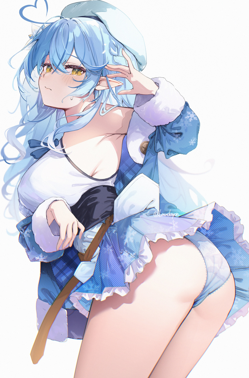 1girl absurdres ahoge ass beret blue_eyes blue_jacket blue_panties blue_skirt blush breasts closed_mouth frilled_skirt frills hat heart heart_ahoge highres hololive jacket large_breasts laudayon leaning_forward long_hair long_sleeves off_shoulder open_clothes open_jacket panties pointy_ears shirt simple_background skirt sleeveless sleeveless_shirt snowflake_print solo standing underwear white_background yellow_eyes yukihana_lamy yukihana_lamy_(1st_costume)