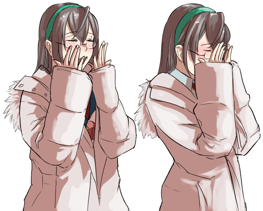 1girl black_hair closed_eyes coat collared_shirt commentary_request green_hairband hairband highres jacket kantai_collection long_hair megakura_kinshi ooyodo_(kancolle) photo-referenced shirt simple_background solo upper_body white_background white_jacket winter_clothes winter_coat