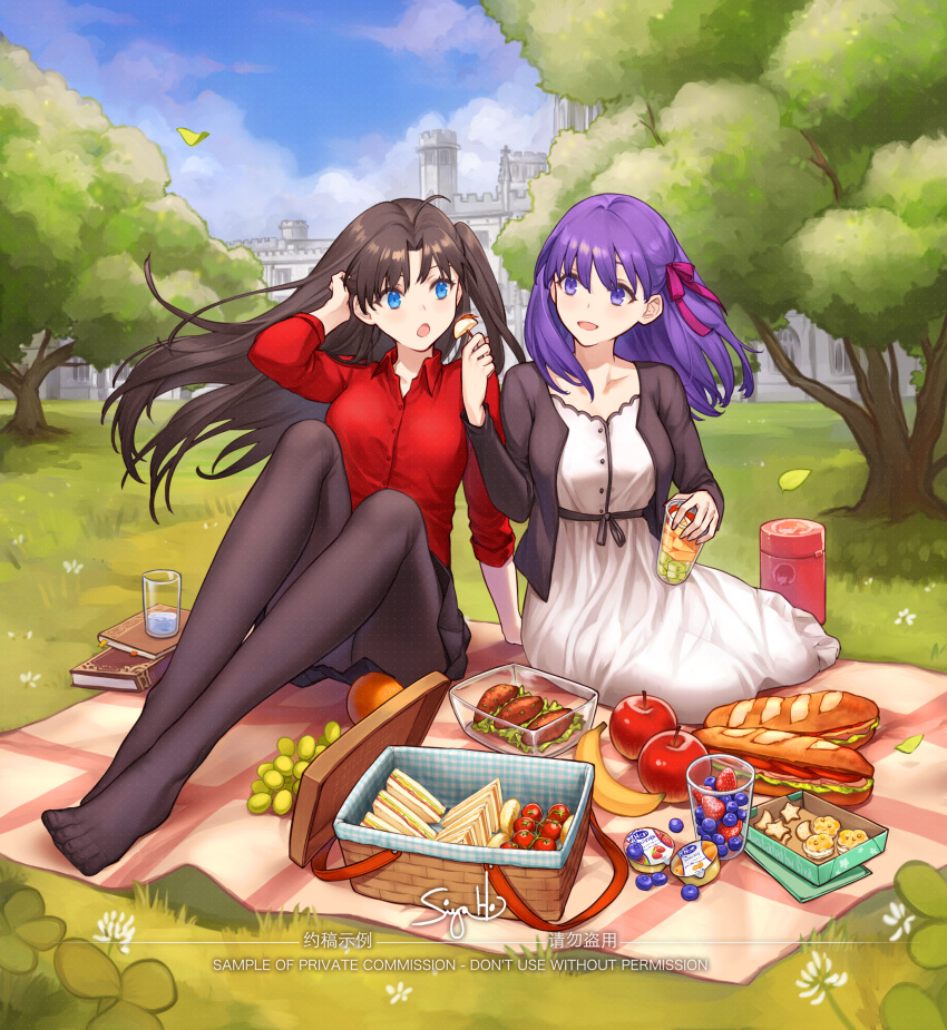 2girls :d :o ahoge apple banana black_hair blue_eyes breasts cup dress drinking_glass fate/stay_night fate_(series) floating_hair food fruit grapes grass hair_ribbon highres holding holding_food legs long_hair long_legs looking_at_another matou_sakura multiple_girls no_shoes open_mouth outdoors pantyhose picnic_basket purple_eyes purple_hair red_shirt ribbon sandwich shirt side_ponytail siya_ho smile toes tohsaka_rin tree white_dress