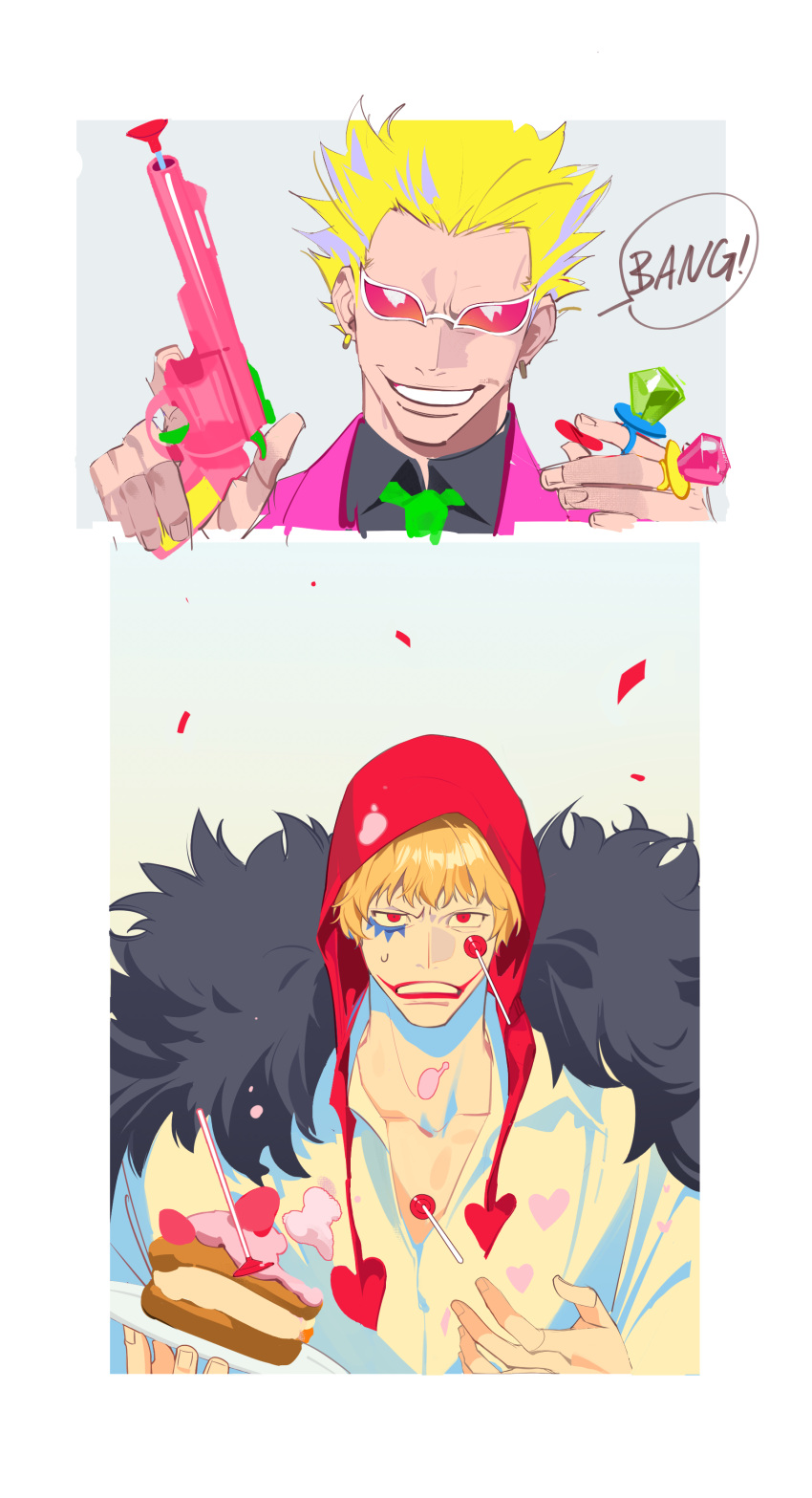 2boys absurdres arms_up black_coat black_shirt blonde_hair brothers cake cake_slice coat collared_shirt donquixote_doflamingo donquixote_rocinante earrings english_text food gun heart heart_print highres holding holding_gun holding_plate holding_weapon jacket jewelry makeup multiple_boys multiple_rings one_piece open_mouth pink_jacket plate red_eyes red_hood ring shirt short_hair siblings smile speech_bubble sunglasses teeth tobu_0w0 weapon white_shirt