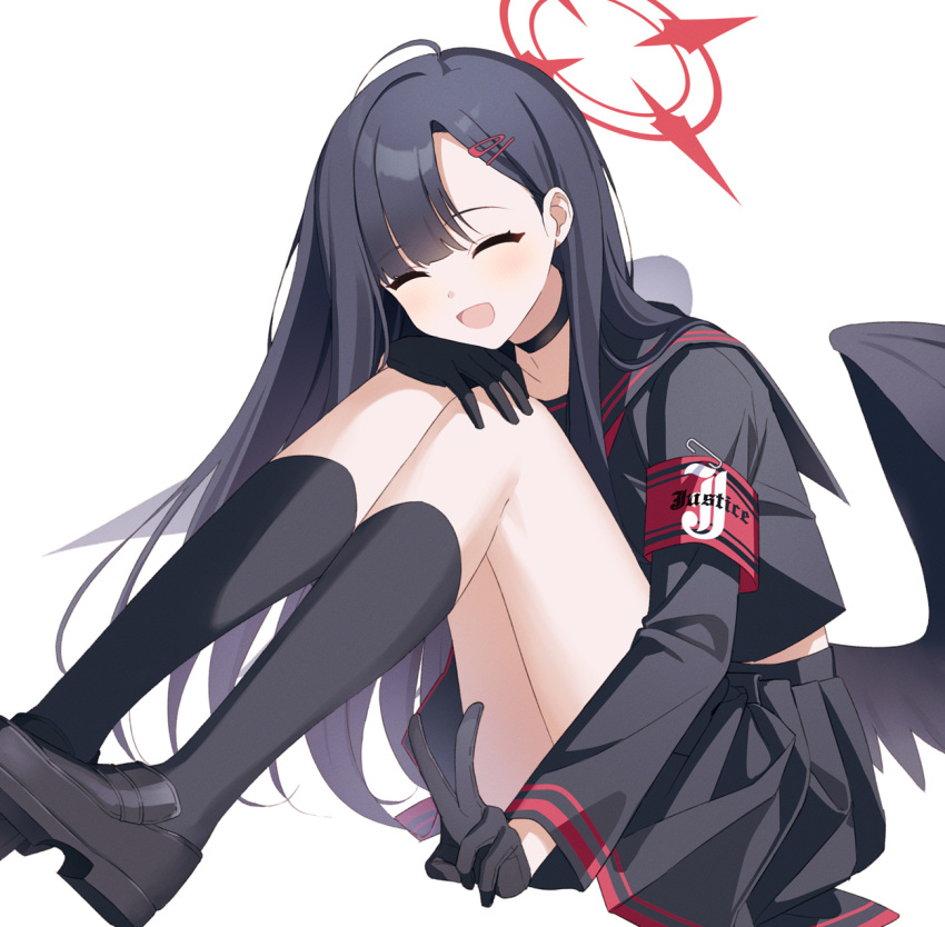 1girl armband black_choker black_footwear black_gloves black_hair black_serafuku black_skirt black_socks black_wings blue_archive blush choker closed_eyes commentary feathered_wings gloves hair_ornament hairclip halo highres ichika_(blue_archive) long_hair long_sleeves nekoln open_mouth pleated_skirt red_armband red_halo safety_pin school_uniform serafuku shoes simple_background skirt smile socks solo v white_background wings