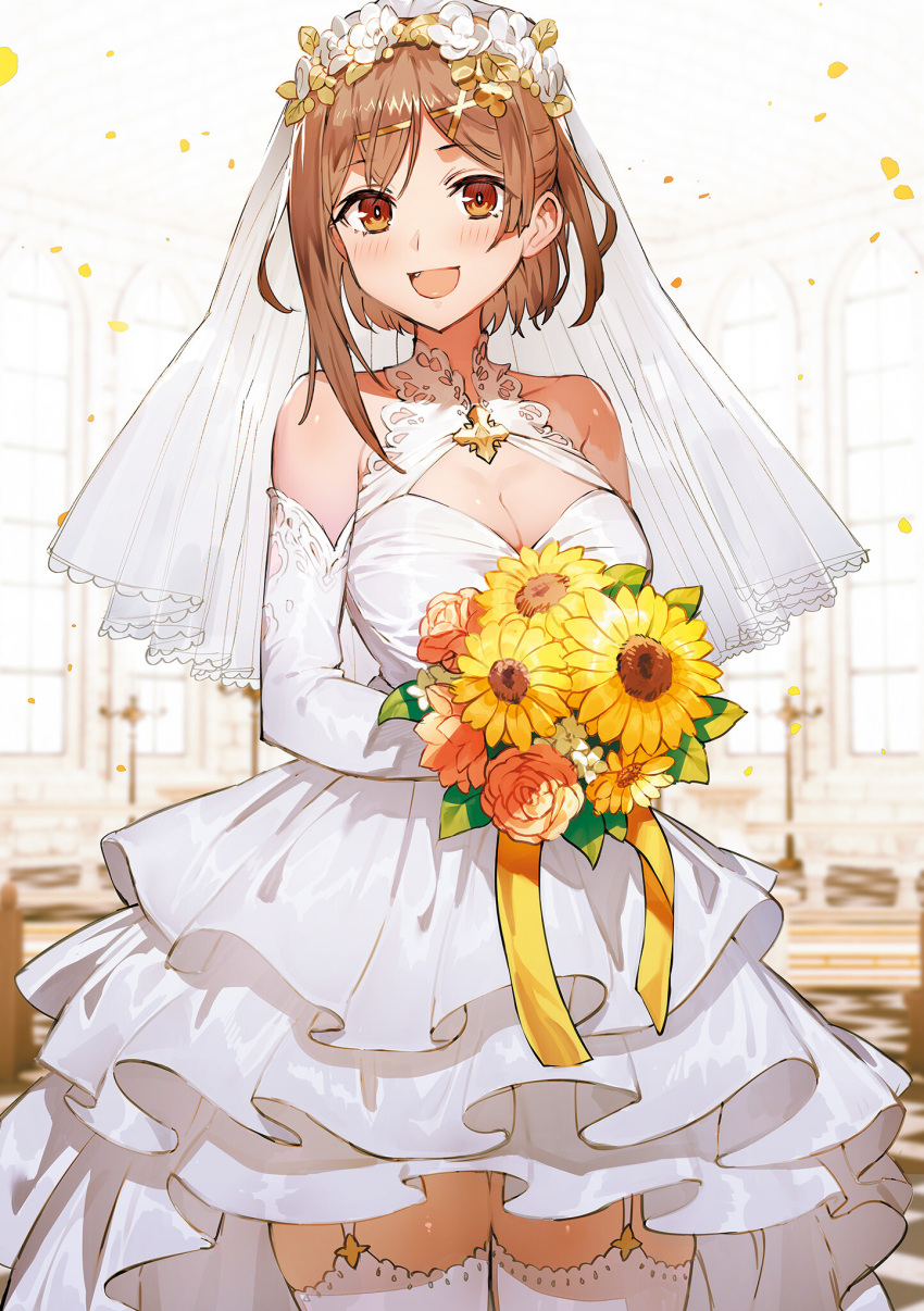 1girl :d atelier_(series) atelier_ryza atelier_ryza_3 bare_shoulders blush bouquet breasts bridal_veil brown_eyes brown_hair cleavage closed_mouth dress elbow_gloves fang flower garter_straps gloves hair_ornament hairclip highres holding indoors layered_skirt looking_at_viewer medium_breasts medium_hair official_art open_mouth reisalin_stout short_dress skirt sleeveless smile solo sunflower thighhighs toridamono veil wedding_dress white_dress x_hair_ornament