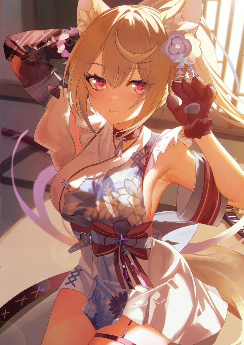 1girl absurdres animal_ear_fluff animal_ears animal_hands arm_behind_head arm_up armpits belt black_choker blonde_hair blue_belt blue_hair blue_kimono blue_sash breasts choker closed_mouth detached_sleeves dog_ears dog_girl dog_paws dog_tail floral_print_kimono flower frilled_kimono frills fuwawa_abyssgard fuwawa_abyssgard_(new_year) garter_straps gloves hair_flower hair_ornament hand_up highres hololive hololive_english indoors japanese_clothes jiang_ye_kiri kanzashi katana kimono kouhaku_nawa large_breasts light_blush long_hair looking_at_viewer multicolored_clothes multicolored_hair multicolored_kimono neck_tassel obi official_alternate_costume paw_gloves pink_eyes ponytail purple_belt purple_flower rope sash seiza sheath sheathed shimenawa sideboob sideless_kimono single_detached_sleeve single_garter_strap sitting sleeveless sleeveless_kimono smile solo streaked_hair sunlight sword tail tatami thigh_strap virtual_youtuber weapon window_shade