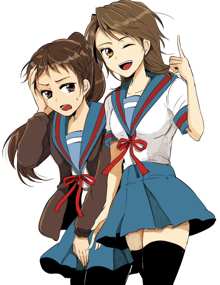 2girls absurdres annoyed black_legwear blue_sailor_collar blue_skirt brown_cardigan brown_eyes brown_hair cardigan commentary_request facepalm genderswap genderswap_(mtf) halha1024 highres kita_high_school_uniform koizumi_itsuki_(female) kyonko long_hair long_sleeves multiple_girls one_eye_closed open_cardigan open_clothes open_mouth pantyhose ponytail red_ribbon ribbon sailor_collar school_uniform serafuku short_sleeves simple_background skirt smile suzumiya_haruhi_no_yuuutsu thighhighs white_background zettai_ryouiki