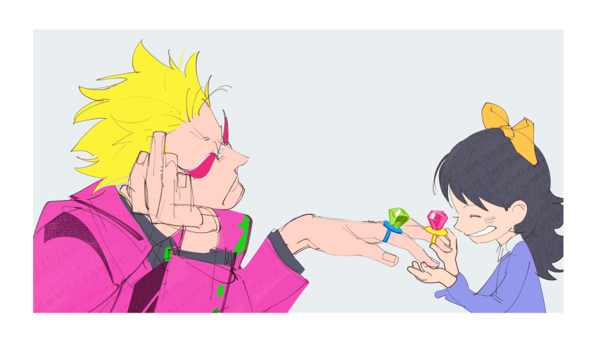 1boy 1girl aged_down arms_up baby_5 black_hair blonde_hair blue_dress bow child closed_eyes donquixote_doflamingo dress hair_bow head_rest highres jacket jewelry long_hair multiple_rings one_piece pink_jacket portrait ring short_hair smile sunglasses tobu_0w0 yellow_bow