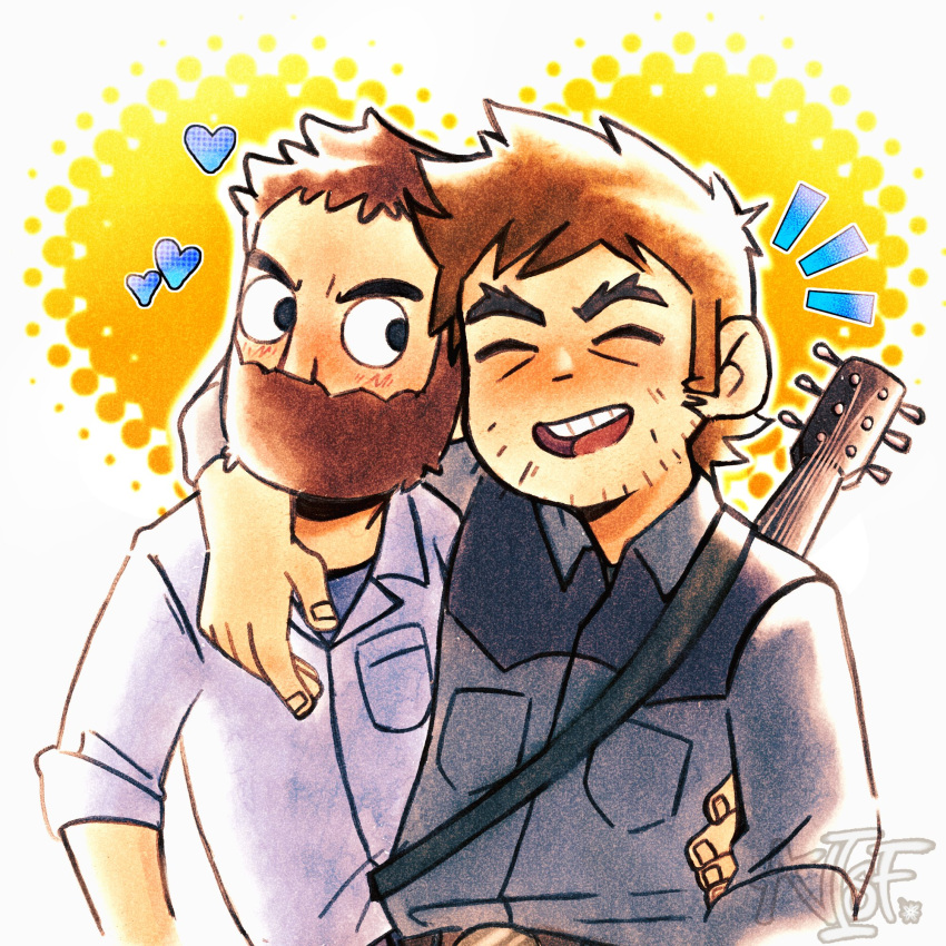 2boys anisf_(anisfbakery) arm_around_shoulder bara beard beard_stubble blush couple facial_hair forked_eyebrows full_beard guitar hand_on_another's_waist happy heads_together heart highres instrument joseph_(scott_pilgrim) long_sideburns looking_at_another loving_aura male_focus multiple_boys official_style scott_pilgrim_(series) scott_pilgrim_takes_off short_hair sideburns sparse_stubble spiked_hair stephen_stills thick_beard thick_eyebrows upper_body yaoi