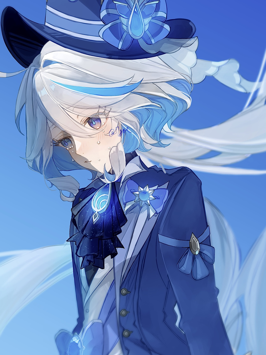 1girl 7go_t absurdres ascot blue_ascot blue_brooch blue_eyes blue_hair blue_headwear blue_jacket crying floating_hair furina_(genshin_impact) genshin_impact hair_between_eyes hat heterochromia highres jacket light_blue_hair long_hair looking_ahead multicolored_hair outdoors sidelocks solo streaked_hair tears top_hat two-tone_hair