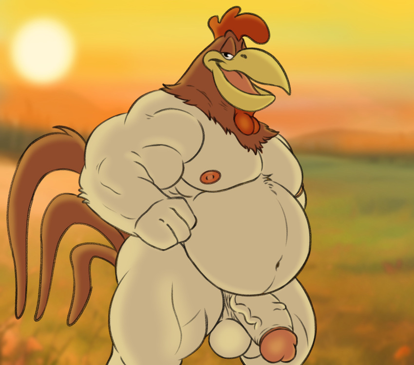 absurd_res anthro avian balls belly big_belly bird chicken english_description foghorn_leghorn galliform gallus_(genus) genitals glans hi_res humanoid_genitalia humanoid_penis leghorn_chicken looney_tunes male musclegut nipples nude overweight overweight_anthro overweight_male penis phasianid posstype solo sun vein veiny_penis warner_brothers