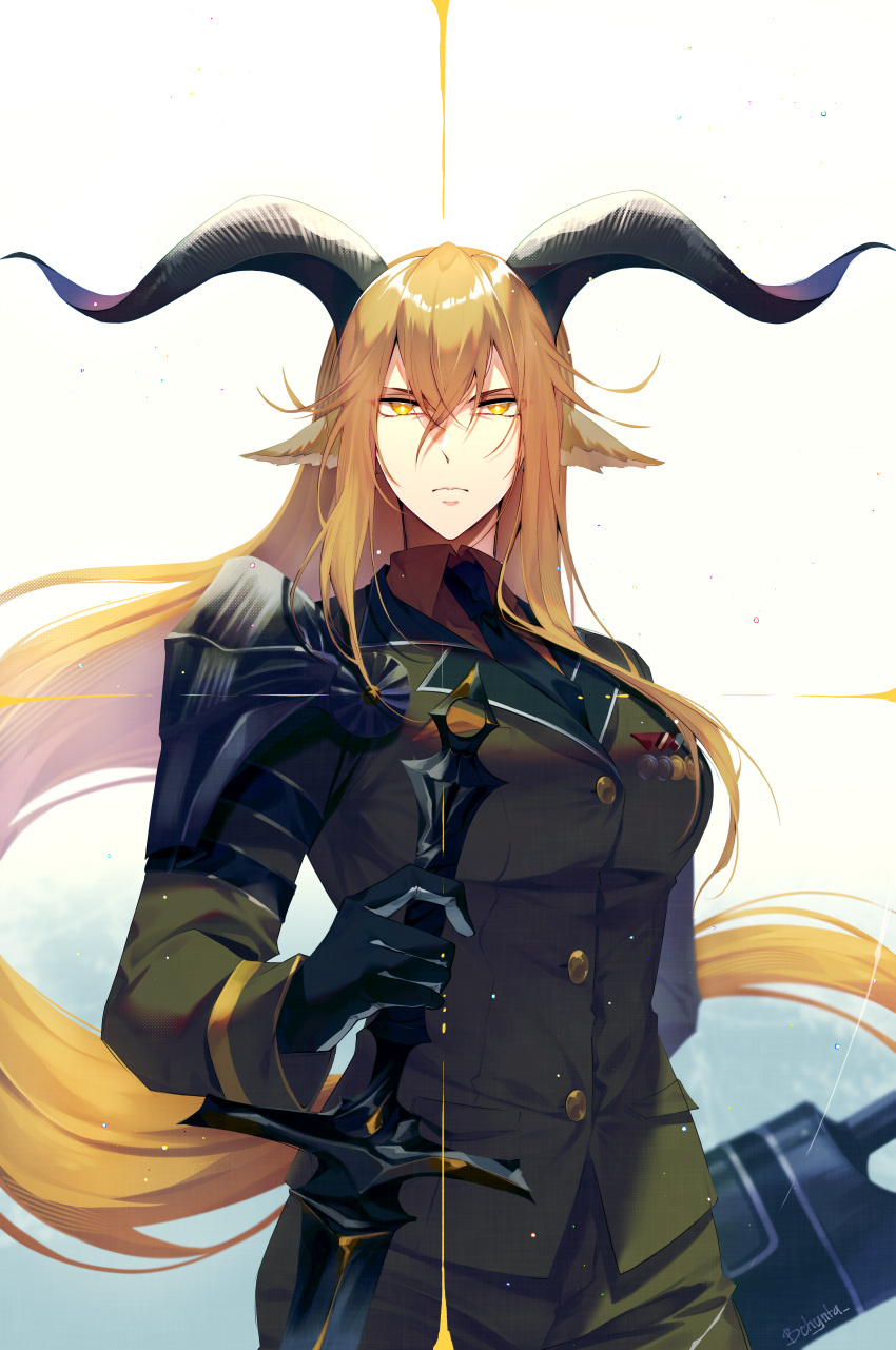 1girl absurdres animal_ear_fluff animal_ears arknights arm_behind_back arm_strap armor artist_name asymmetrical_hair asymmetrical_sidelocks backlighting bchynta black_gloves black_horns black_necktie blonde_hair blue_background blurry blurry_background breast_pocket breasts bright_pupils buttons closed_mouth collared_shirt commentary cowboy_shot crossed_bangs degenbrecher_(arknights) depth_of_field dress_shirt floating_hair gloves goat_ears goat_girl goat_horns gradient_background green_jacket green_pants hair_between_eyes hair_flowing_over halftone hand_up high_collar highres holding holding_sword holding_weapon horns jacket lapels large_breasts light_particles lips long_bangs long_hair long_sleeves looking_at_viewer medal military military_jacket military_uniform multiple_swords multiple_weapons necktie notched_lapels orange_shirt pants pauldrons pocket scabbard serious shadow sheath sheathed shirt shoulder_armor sidelocks signature single_pauldron solo standing straight_hair swept_bangs sword two-tone_background uniform unsheathed v-shaped_eyebrows very_long_hair weapon white_background white_pupils wing_collar yellow_eyes