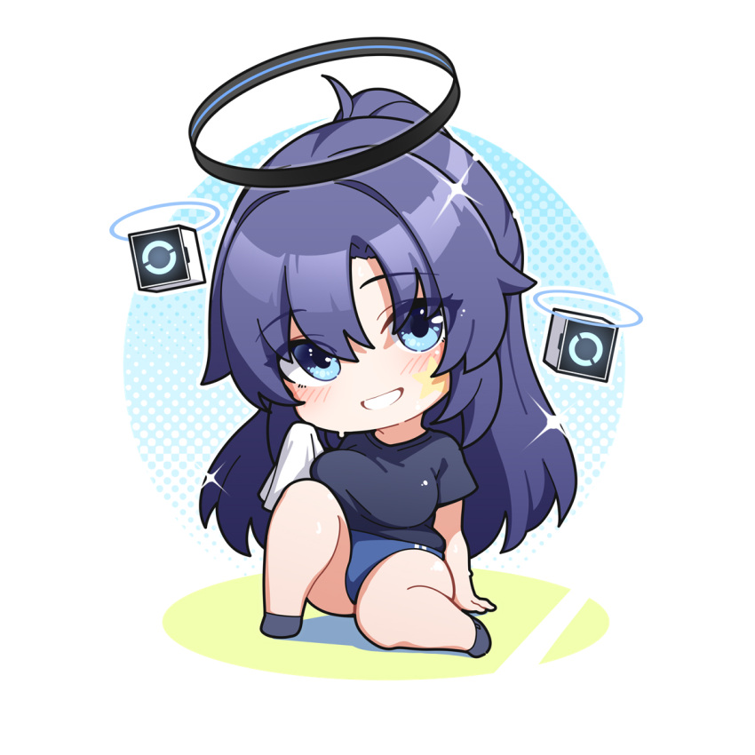 1girl black_shirt blue_archive blue_buruma blush breasts buruma chibi drone facial_mark full_body grin halo highres large_breasts long_hair looking_at_viewer mechanical_halo official_alternate_costume ponytail purple_eyes purple_hair shirt short_sleeves smile solo star_(symbol) warashi yuuka_(blue_archive) yuuka_(track)_(blue_archive)