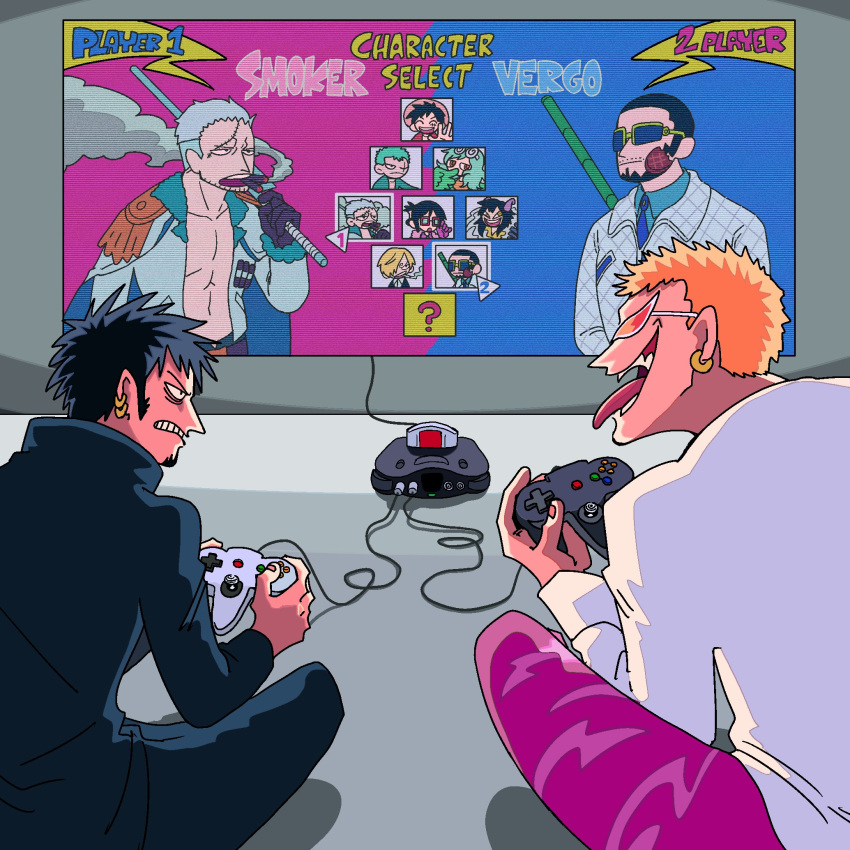 2boys black_coat black_hair blonde_hair cigar coat controller donquixote_doflamingo earrings english_text epaulettes from_behind game_console game_controller highres holding holding_controller holding_game_controller jewelry looking_at_another male_focus monet_(one_piece) monkey_d._luffy multiple_boys nanaban nintendo_64 nintendo_64_controller one_piece open_mouth pants pink_pants playing_games roronoa_zoro sanji_(one_piece) shirt short_hair sitting smoker_(one_piece) smoking tashigi teeth tonfa tongue tongue_out trafalgar_law vergo weapon white_shirt