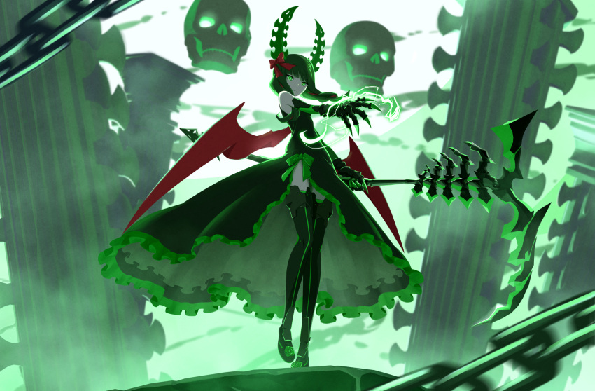 1girl 32zzz black_dress black_horns black_rock_shooter black_thighhighs bow chain claws dead_master dress electricity floating_skull frilled_dress frills green_dress green_eyes green_hair hair_bow highres holding holding_scythe horns red_bow red_ribbon red_wings ribbon scythe side_slit sidelocks sleeveless sleeveless_dress thighhighs wings