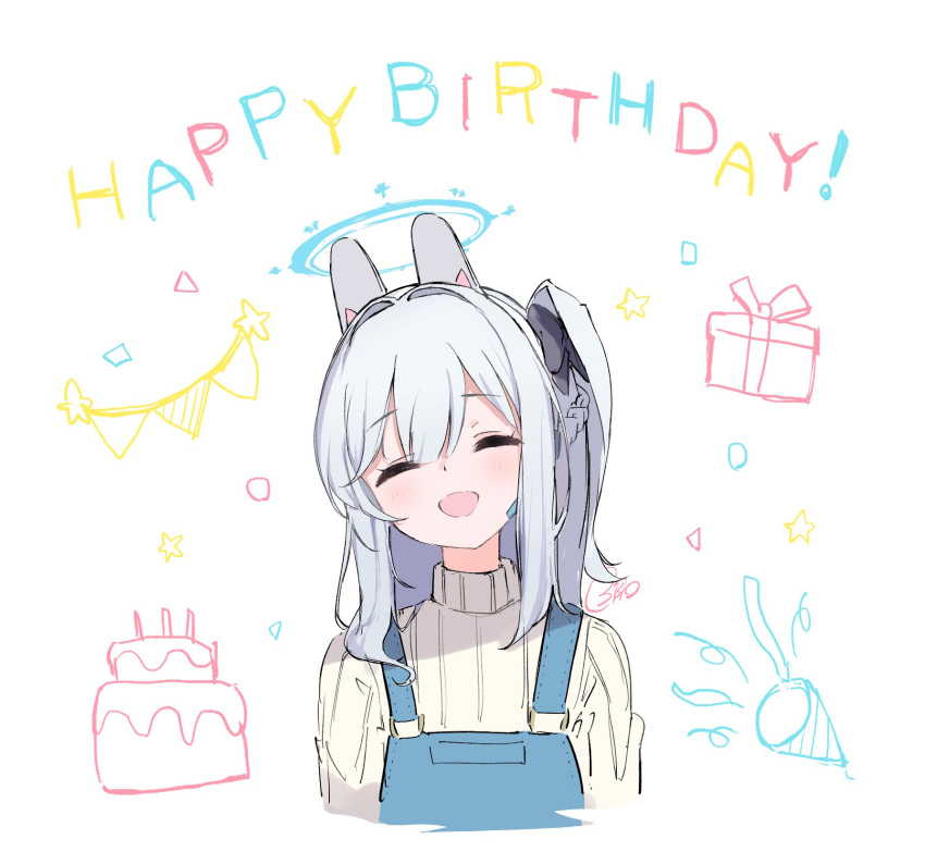 1girl animal_ears blue_archive blue_halo blue_overalls braid closed_eyes earpiece facing_viewer fake_animal_ears grey_hair halo happy_birthday highres long_hair miyako_(blue_archive) one_side_up open_mouth osisio overalls rabbit_ears simple_background smile solo sweater upper_body white_background white_sweater