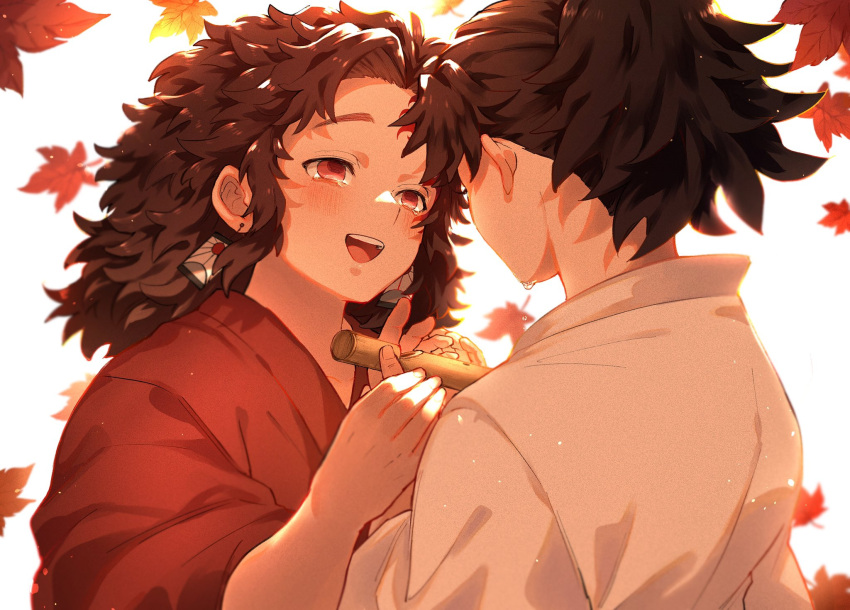 2boys autumn_leaves bangs black_hair blush brothers brown_hair crying crying_with_eyes_open dripping earrings face-to-face facing_away falling_leaves flute giving gohanha118 hanafuda hands_up highres holding holding_instrument instrument japanese_clothes jewelry kimetsu_no_yaiba kimono leaf long_hair looking_at_another male_focus maple_leaf multiple_boys ponytail red_eyes red_kimono siblings sunlight tears tsugikuni_michikatsu tsugikuni_yoriichi twins upper_body white_background white_kimono younger