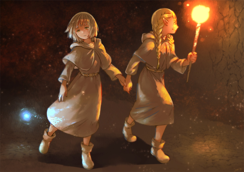 1girl 2girls aged_down ankle_boots belt blonde_hair boots braid capelet cave child dungeon_meshi elf falin_thorden fireflies full_body grey_capelet grey_hair grey_robe hair_over_shoulder holding holding_hands holding_torch hood hood_down hooded_capelet jack_(haist) long_hair long_sleeves looking_at_viewer looking_to_the_side marcille_donato multiple_girls pointy_ears profile robe short_hair torch twin_braids twintails walking