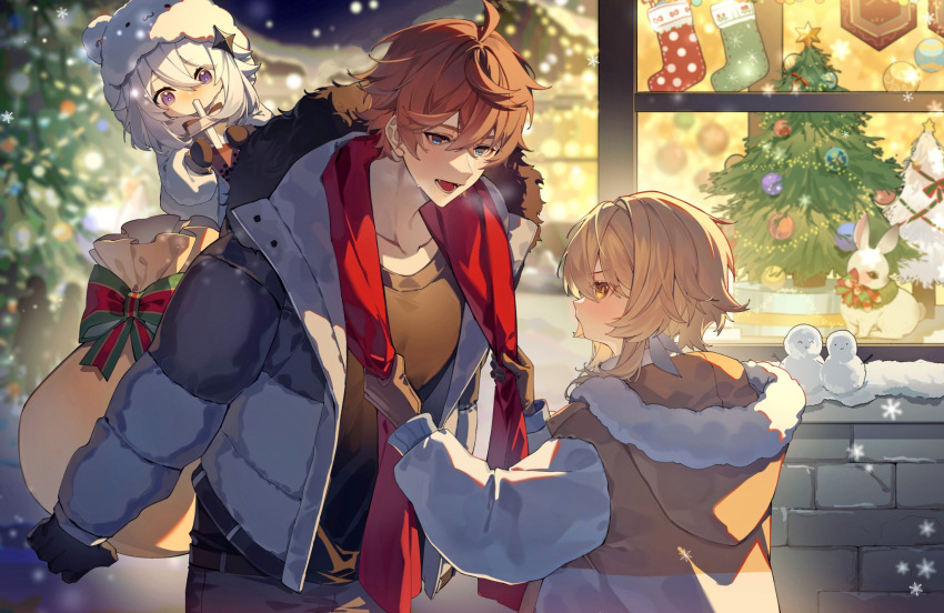 1boy 2girls blonde_hair christmas christmas_ornaments christmas_tree coat fur_trim genshin_impact hair_between_eyes highres hood hoodie jacket lumine_(genshin_impact) multiple_girls orange_hair paimon_(genshin_impact) red_scarf sack scarf short_hair snow snowing ssm_(ssm82048039) tartaglia_(genshin_impact) white_hair winter winter_clothes winter_coat yellow_eyes