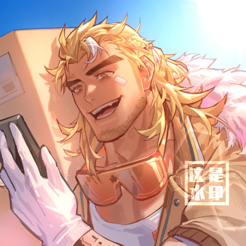 1boy baimeme bandaid bandaid_on_cheek bandaid_on_face bara beard_stubble blonde_hair box cardboard_box carrying_over_shoulder gloves goggles goggles_on_head highres huge_eyebrows large_pectorals long_hair long_sideburns male_focus mature_male mismatched_eyebrows multicolored_hair muscular muscular_male original package pectorals sideburns solo streaked_hair white_hair