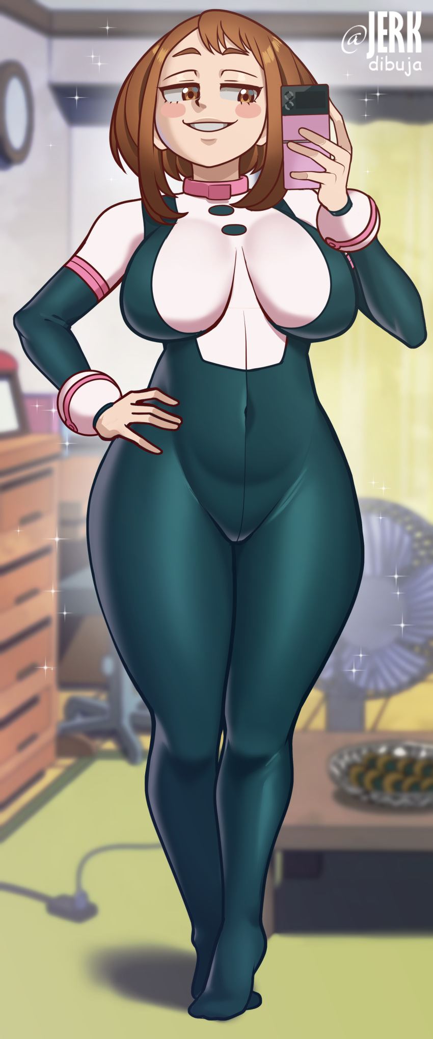 1girl absurdres apervertguy blush bodysuit boku_no_hero_academia breasts brown_eyes brown_hair cellphone full_body hand_on_own_hip highres holding holding_phone large_breasts phone short_hair skin_tight smile solo spandex standing superhero thick_thighs thighs uraraka_ochako