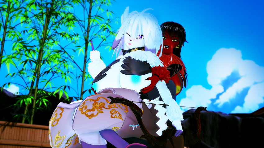 3d_(artwork) absurd_res amber_eyes anthro arm_tuft bamboo bamboo_tree big_breasts biodragon_(species) black_hair blue_sky bovid bow_(weapon) breast_grab breast_play breasts caprine chest_tuft claws clothed clothing cloud digital_media_(artwork) dragon duo fangs female female/female fur gesture hair hand_on_breast hi_res hooves kindred_(lol) lamb_(lol) league_of_legends lizard long_hair mammal megamastercj_(artist) middle_finger open_clothing partially_clothed plant purple_eyes ranged_weapon red_body reptile riot_games scalie seraina_ishimura_(megamastercj) sheep sky tree tuft video_games weapon whiskers white_body white_fur white_hair wrist_tuft