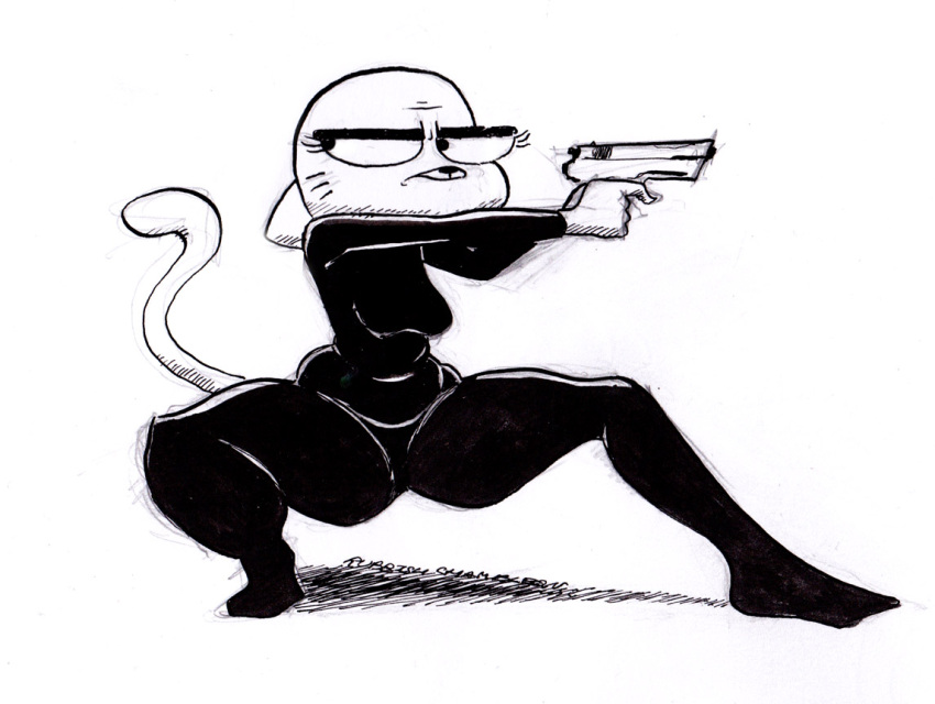 2021 anthro black_and_white breasts cartoon_network clothing crouching domestic_cat felid feline felis female gun handgun holding_gun holding_object holding_weapon mammal monochrome nicole_watterson pistol ranged_weapon rubber rubber_clothing rubber_suit rubbish_chameleon simple_background slightly_chubby solo the_amazing_world_of_gumball thick_thighs tight_clothing traditional_media_(artwork) weapon white_background