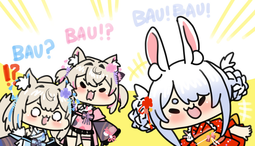 !? 3girls :3 :d absurdres animal_ear_fluff animal_ears blonde_hair blue_hair blush chibi commentary_request dog_ears dog_girl double_bun fuwawa_abyssgard fuwawa_abyssgard_(new_year) gooster hair_bun highres hololive hololive_english long_sleeves mococo_abyssgard mococo_abyssgard_(new_year) multicolored_hair multiple_girls o_o obi pink_hair rabbit_ears rabbit_girl sash siblings smile solid_eyes streaked_hair twins usada_pekora usada_pekora_(new_year)