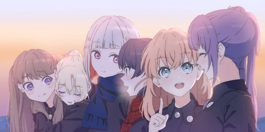 6+girls alternate_hairstyle aqua_eyes asymmetrical_bangs black_coat blonde_hair brown_hair carrying carrying_person cerise_bouquet closed_eyes coat colored_inner_hair dollchestra drooling fog fujimiz_511 fujishima_megumi green_eyes hair_ornament highres hinoshita_kaho light_smile link!_like!_love_live! looking_at_another love_live! medium_hair mira-cra_park! multicolored_hair multiple_girls murano_sayaka open_mouth osawa_rurino otomune_kozue outdoors piggyback plaid plaid_scarf pointing pointing_up ponytail pout purple_eyes red_eyes red_hair scarf short_hair side_ahoge side_ponytail sidelocks sleeping sleeping_on_person star_(symbol) star_hair_ornament streaked_hair teeth two_side_up upper_teeth_only white_hair yugiri_tsuzuri