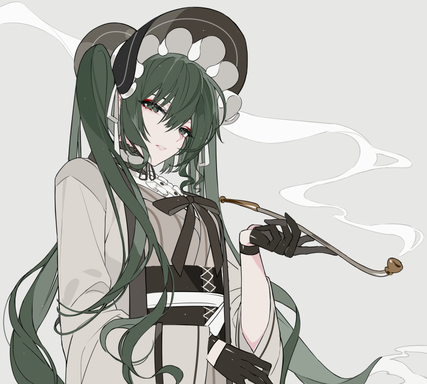 1girl absurdres alternate_costume black_bow black_bowtie black_gloves black_headwear bonnet bow bowtie commentary gloves green_eyes green_hair grey_background grey_kimono half_gloves hatsune_miku head_tilt highres holding holding_smoking_pipe japanese_clothes kazenemuri kimono kiseru long_hair looking_at_viewer parted_lips simple_background smoke smoking_pipe solo upper_body vocaloid