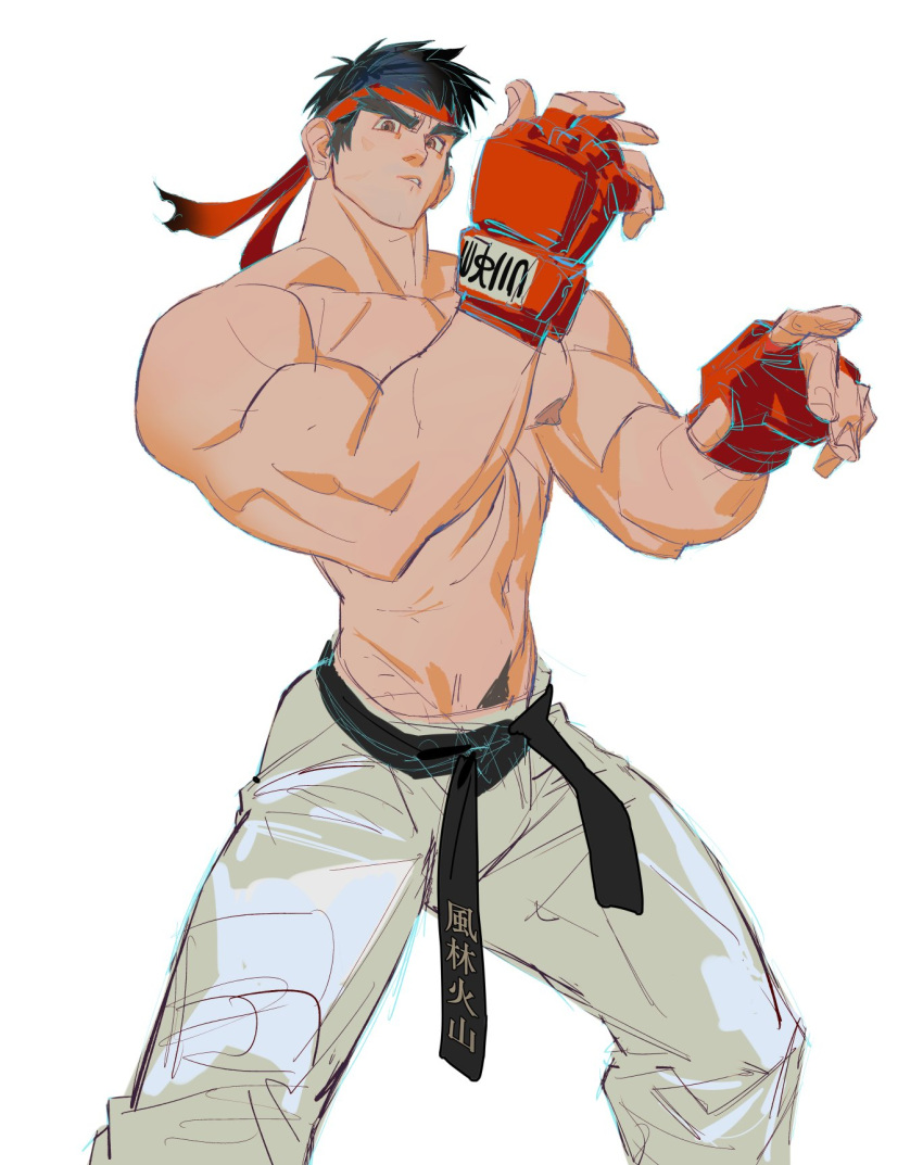 1boy abs black_hair bulge dougi feet_out_of_frame hands_up headband highres horikwawataru huge_eyebrows large_hands large_pectorals looking_at_viewer male_focus muscular muscular_male navel navel_hair nipples pectorals puckered_lips ryu_(street_fighter) short_hair solo stomach street_fighter topless_male v-taper