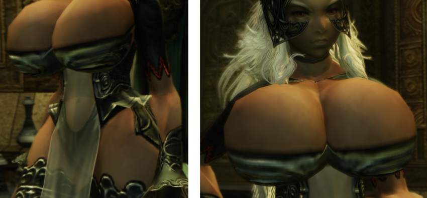 animal_ears armor bikini_armor breasts bursting_breasts cleavage dark-skinned_female dark_skin final_fantasy final_fantasy_xii fran_(ff12) head_out_of_frame huge_breasts indoors large_breasts looking_at_viewer rabbit_ears rabbit_girl thick_thighs thighs tight_clothes viera white_hair wide_hips