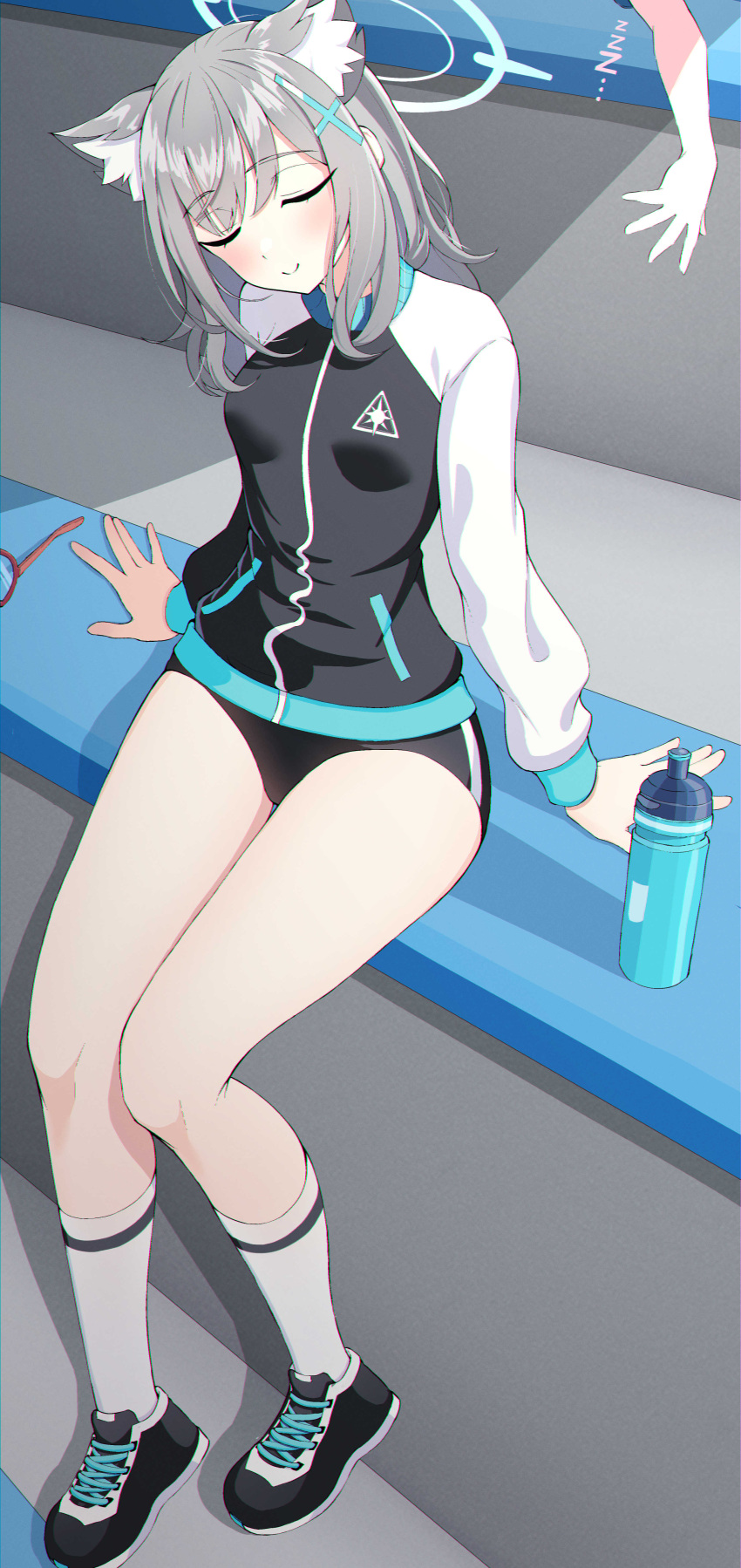 1girl absurdres animal_ear_fluff animal_ears black_buruma black_footwear blue_archive blue_halo blush breasts buruma closed_eyes closed_mouth cross_hair_ornament extra_ears grey_hair gym_uniform hair_ornament halo highres jacket long_sleeves medium_breasts medium_hair okayusonmu shiroko_(blue_archive) shoes sitting smile socks solo track_jacket white_socks wolf_ears zzz