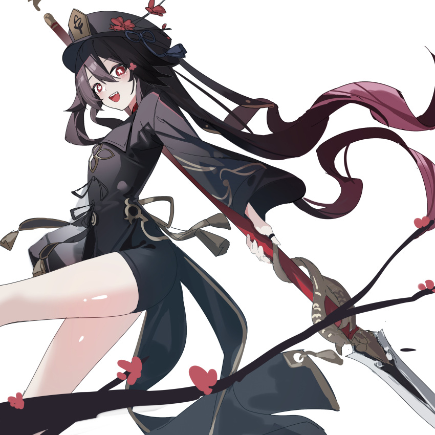 1girl :d absurdres ass black_headwear black_jacket black_shorts branch brown_hair flower-shaped_pupils genshin_impact hair_between_eyes highres holding holding_polearm holding_weapon hu_tao_(genshin_impact) jacket long_hair looking_at_viewer looking_to_the_side polearm qtian red_eyes short_shorts shorts simple_background smile solo spear symbol-shaped_pupils very_long_hair weapon white_background