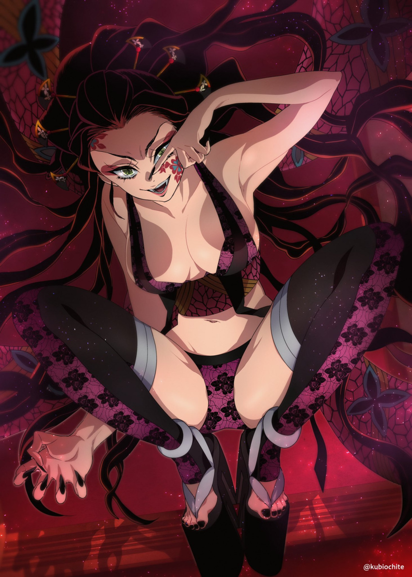 1girl armpits bare_arms bare_shoulders black_hair black_legwear black_nails breasts claw_pose cleavage collarbone daki_(kimetsu_no_yaiba) dalc_rose eyelashes facial_mark fingernails floating_hair full_body geta green_eyes hair_ornament hair_pulled_back hair_stick hand_over_eye hand_up highres japanese_clothes kimetsu_no_yaiba lace lace_legwear lace_panties large_breasts light_particles long_fingernails long_hair looking_at_viewer midriff nail_polish navel obi open_mouth panties pointing purple_panties revealing_clothes sash shadow sharp_fingernails smile solo squatting text_in_eyes thighhighs toeless_legwear toenail_polish toenails underwear very_long_hair