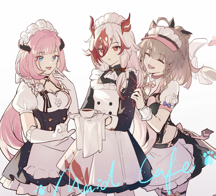 3girls alternate_costume animal_ears apron black_sleeves blue_eyes breasts cat_ears cat_girl chinese_clothes closed_eyes commentary_request cup elysia_(honkai_impact) elysia_(miss_pink_elf)_(honkai_impact) english_text fu_hua fu_hua_(garuda) gloves hair_between_eyes hand_on_another's_shoulder highres holding honkai_(series) honkai_impact_3rd light_brown_hair long_hair looking_at_another maid maid_apron maid_headdress medium_hair mug multiple_girls official_alternate_costume open_mouth pardofelis_(honkai_impact) pink_hair qqqne red_eyes red_hair simple_background small_breasts upper_body white_background white_gloves white_hair white_sleeves