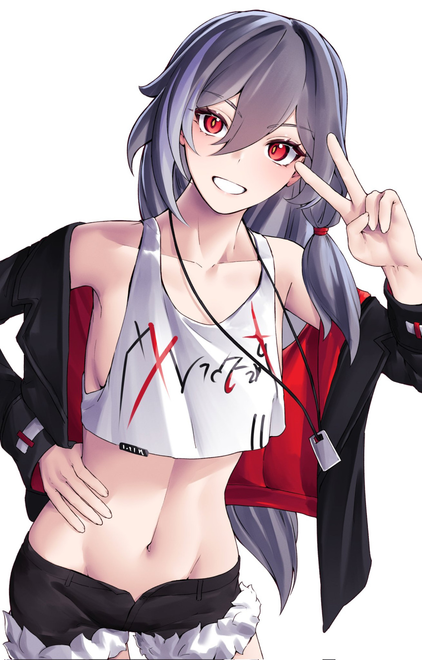 1girl bare_shoulders black_jacket black_shorts clothes_writing collarbone commentary_request cropped_jacket fu_hua fur-trimmed_shorts fur_trim grey_hair hair_between_eyes hand_up highres honkai_(series) honkai_impact_3rd jacket long_hair long_sleeves multicolored_hair navel off_shoulder open_clothes open_jacket pyeong-il_pyeongil red_eyes short_shorts shorts simple_background smile solo streaked_hair tank_top v white_background white_tank_top