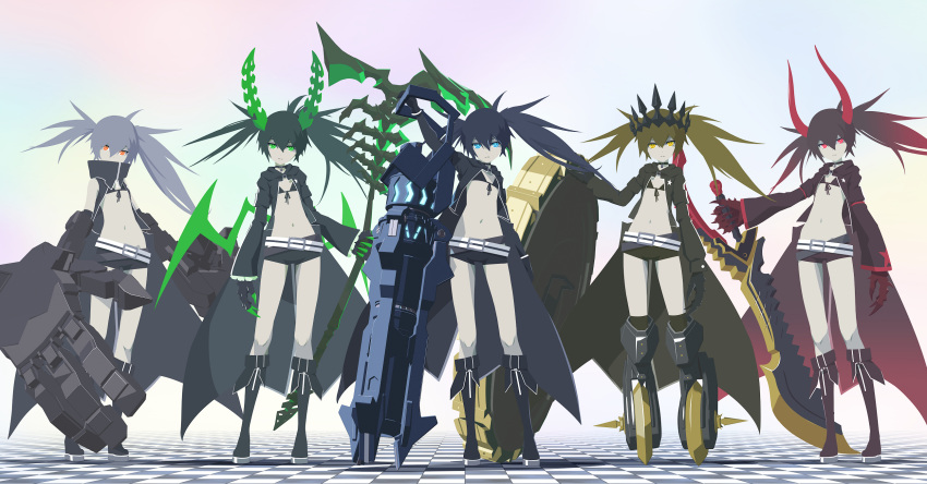 32zzz arm_cannon bikini bikini_top_only black_bikini black_footwear black_gold_saw black_gold_saw_(cosplay) black_jacket black_rock_shooter black_shorts boots chariot_(black_rock_shooter) chariot_(black_rock_shooter)_(cosplay) claws cosplay crown dead_master dead_master_(cosplay) demon_horns gauntlets gradient_hair green_eyes green_horns green_wings grey_hair highres holding holding_cannon holding_scythe holding_sword holding_weapon horns huge_weapon jacket long_hair long_sleeves mechanical_arms mechanical_legs multicolored_hair open_clothes open_jacket orange_eyes red_eyes red_hair red_horns rock_cannon scythe short_shorts shorts strength_(black_rock_shooter) strength_(black_rock_shooter)_(cosplay) swimsuit sword twintails uneven_twintails weapon wheel wings yellow_eyes