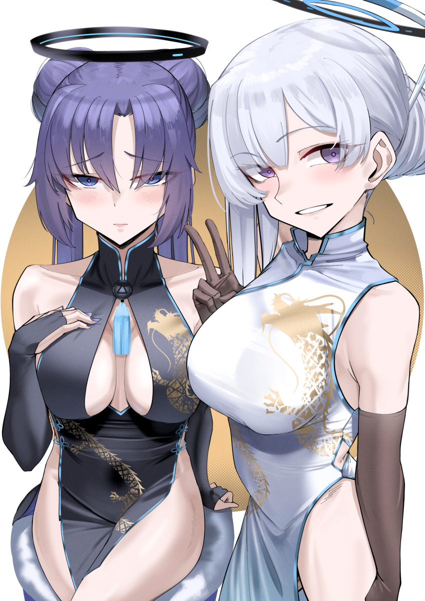 2girls alternate_costume alternate_hairstyle black_dress black_gloves blue_archive breasts china_dress chinese_clothes cleavage_cutout cliov clothing_cutout cosplay crossed_legs double_bun dragon_print dress elbow_gloves fingerless_gloves gloves hair_bun halo hand_on_own_chest highres looking_at_viewer multiple_girls noa_(blue_archive) purple_eyes purple_hair shun_(blue_archive) shun_(blue_archive)_(cosplay) side_slit sleeveless sleeveless_dress smile thighs twintails v white_dress white_hair white_halo yuuka_(blue_archive)