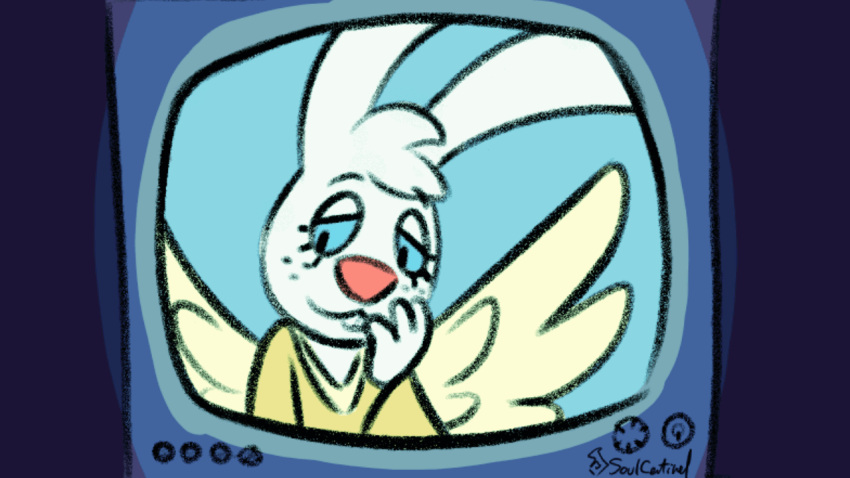 2024 2d_animation angel angel_gabby angel_hare animated anthro back_wings biped buckteeth clothed clothing dress electronics feathered_wings feathers female floppy_ears freckles green_clothing green_dress head_tuft lagomorph leporid licking_viewer long_ears looking_at_viewer mammal pink_sclera rabbit screen_lick simple_background solo soulcentinel suggestive teeth television tongue tongue_out tuft white_body wings