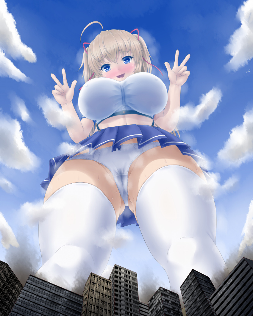 1girl absurdres aonagi_ibane blonde_hair blue_eyes blue_skirt breasts building city cloud cloudy_sky from_below giant giantess highres looking_down midriff size_difference skirt sky skyscraper thighhighs underwear v white_thighhighs