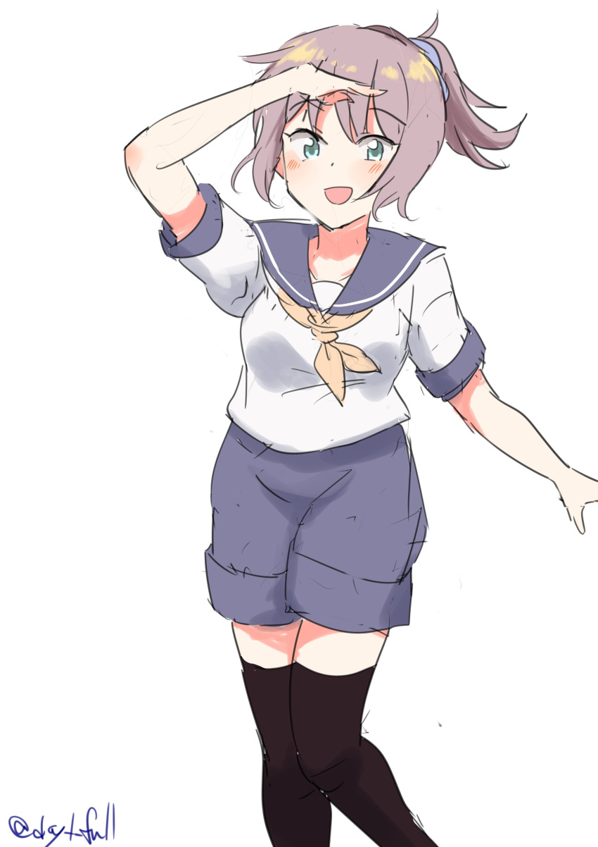 1girl absurdres aoba_(kancolle) black_thighhighs blue_eyes blue_scrunchie feet_out_of_frame highres kantai_collection neckerchief one-hour_drawing_challenge open_mouth ponytail purple_hair purple_sailor_collar purple_shorts robinson_(day_l_full) sailor_collar sailor_shirt school_uniform scrunchie serafuku shirt short_hair shorts simple_background smile solo thighhighs twitter_username white_background white_shirt yellow_neckerchief